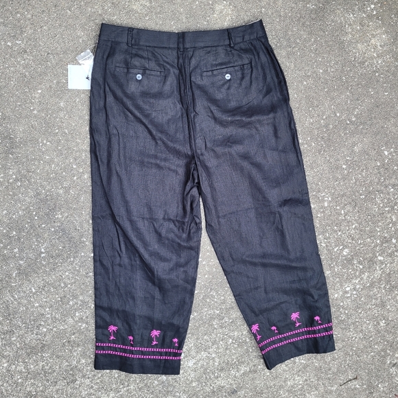 JILLIAN JONES Linen Pants Sz 12 Black with PinFloral Embroidered Hem Zip Closure - Picture 2 of 5